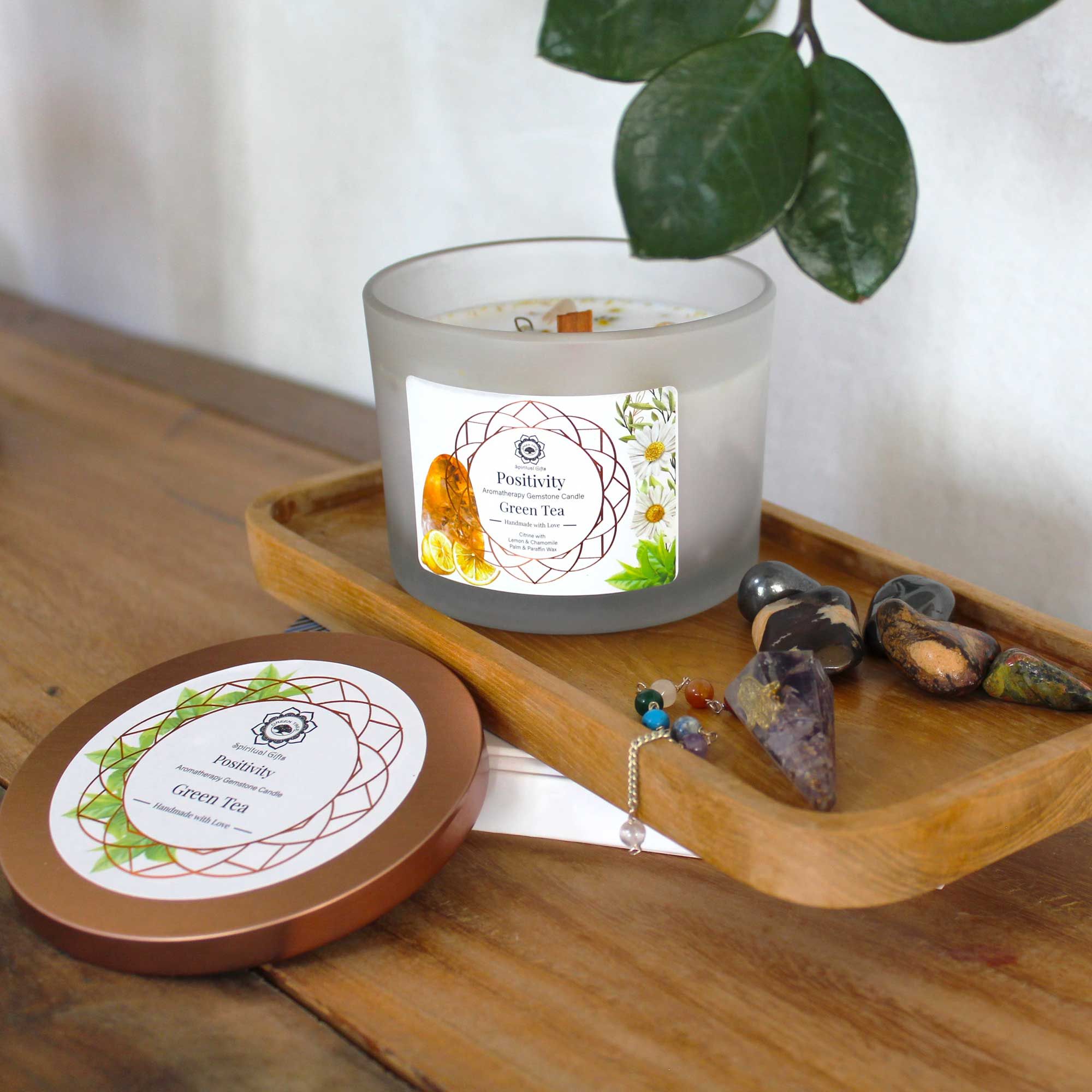 Green Tea and Citrine Gemstone Candle - Positivity  Green Tea and Citrine Gemstone Candle - Positivity