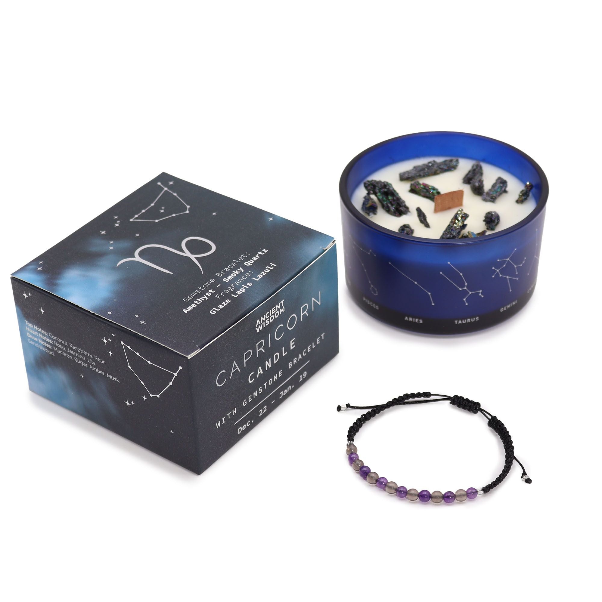 Zodiac Crystal Candle with Gemstone Bracelet - Capricorn  Zodiac Crystal Candle with Gemstone Bracelet - Capricorn