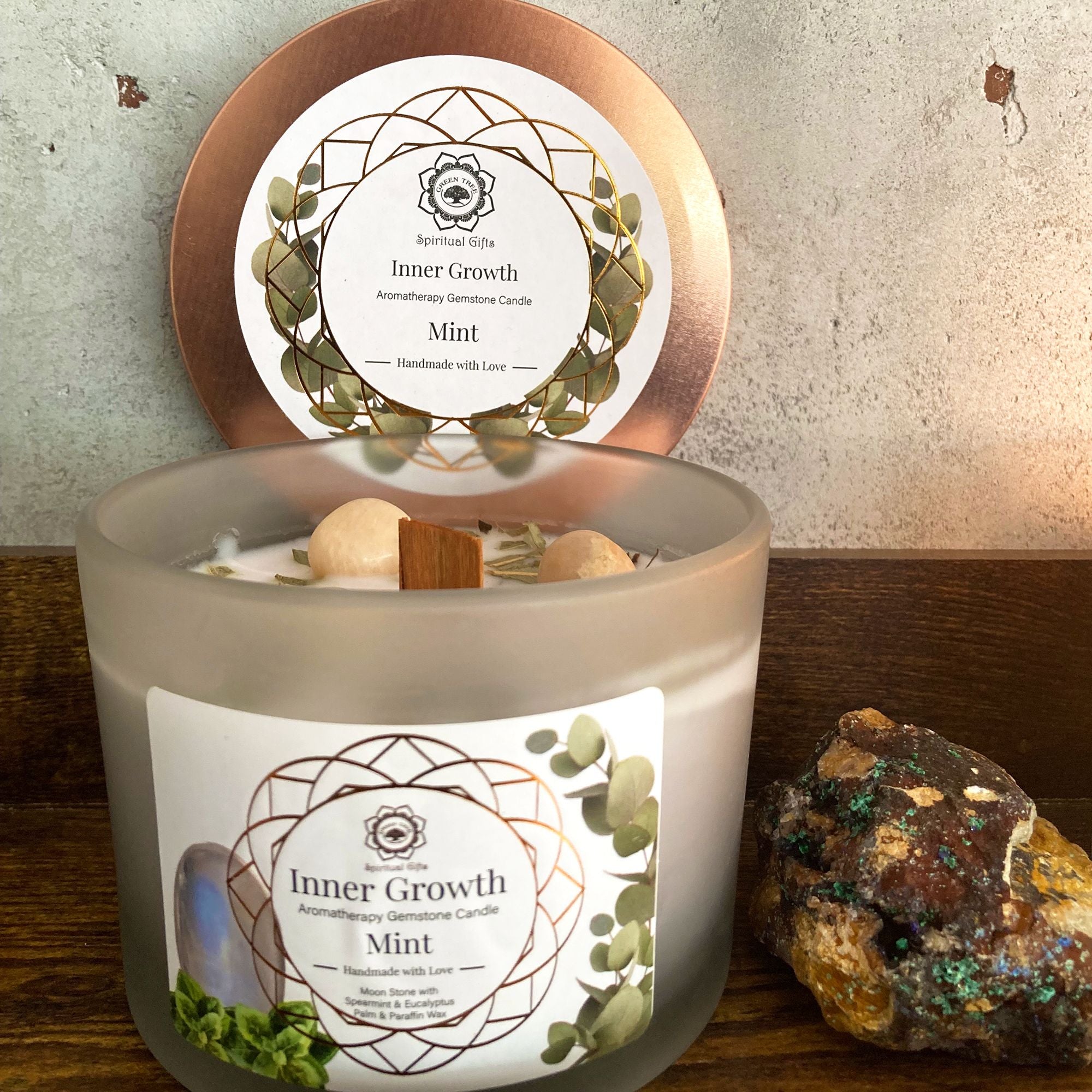 Mint and Moonstone Gemstone Candle - Inner Growth  Mint and Moonstone Gemstone Candle - Inner Growth
