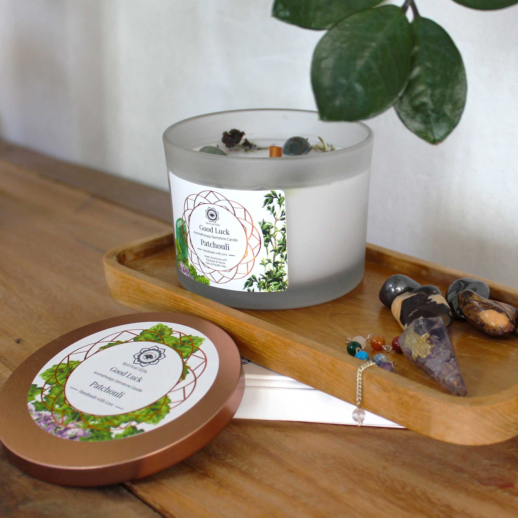 Patchouli and Green Aventurine Gemstone Candle - Good Luck  Patchouli and Green Aventurine Gemstone Candle - Good Luck