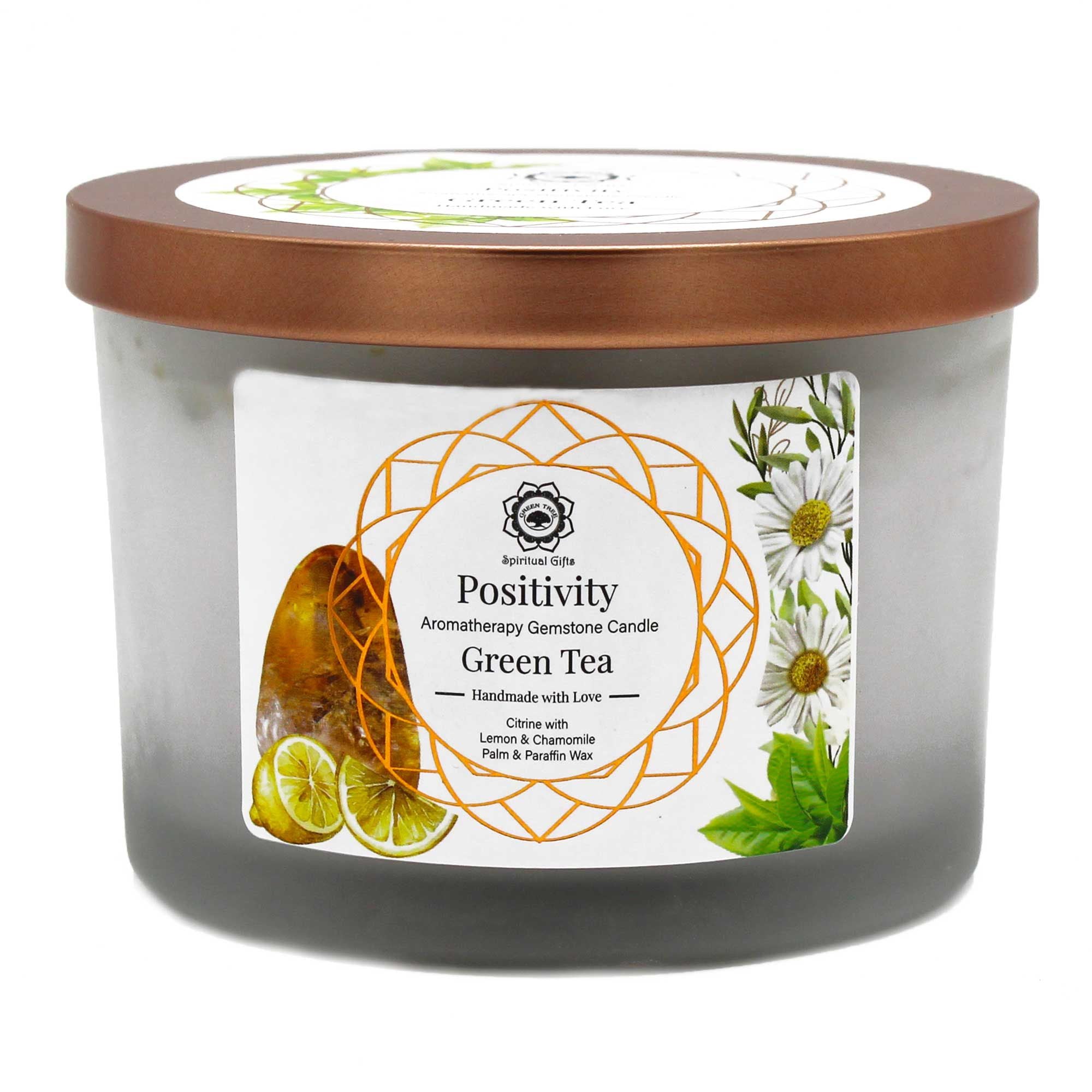 Green Tea and Citrine Gemstone Candle - Positivity  Green Tea and Citrine Gemstone Candle - Positivity