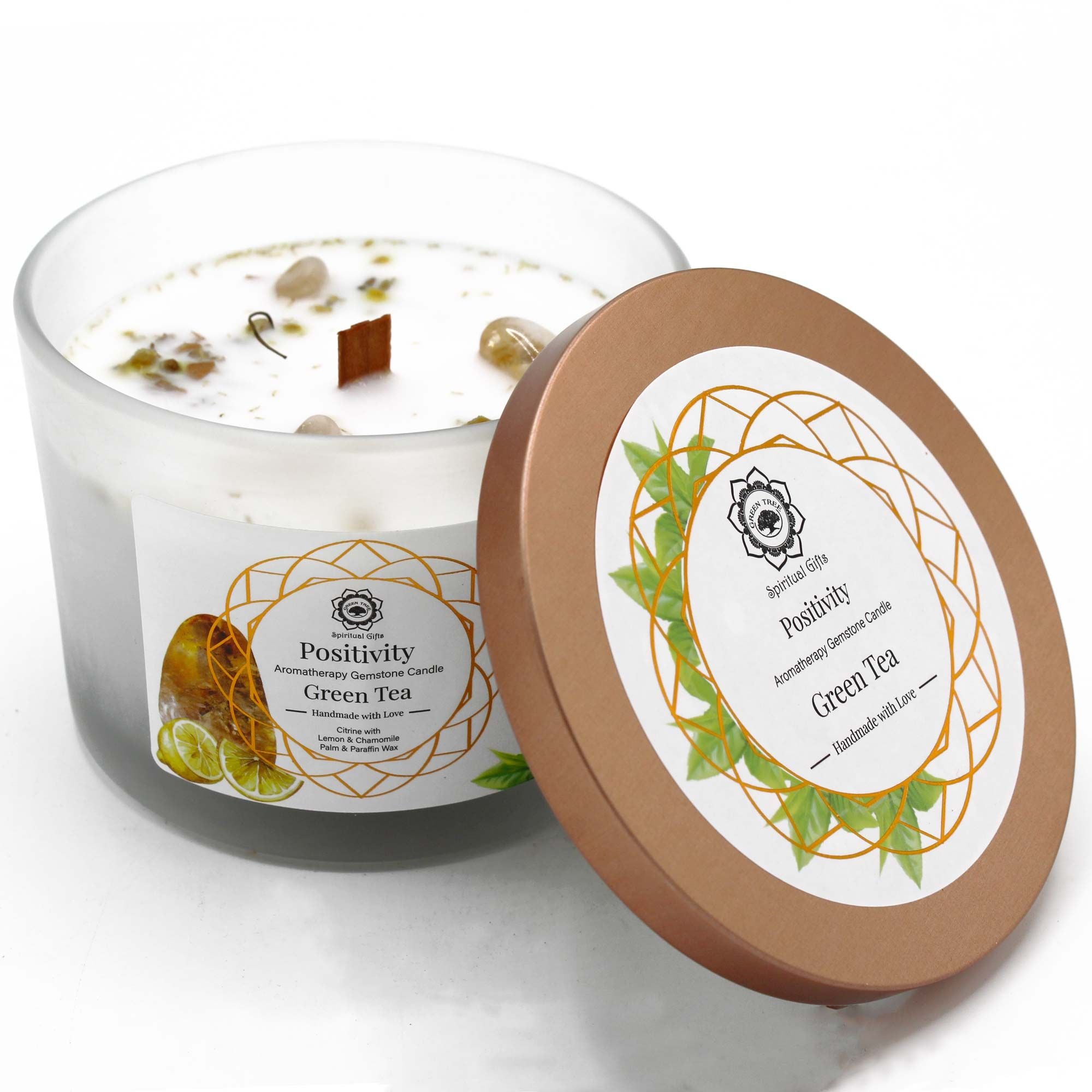 Green Tea and Citrine Gemstone Candle - Positivity  Green Tea and Citrine Gemstone Candle - Positivity