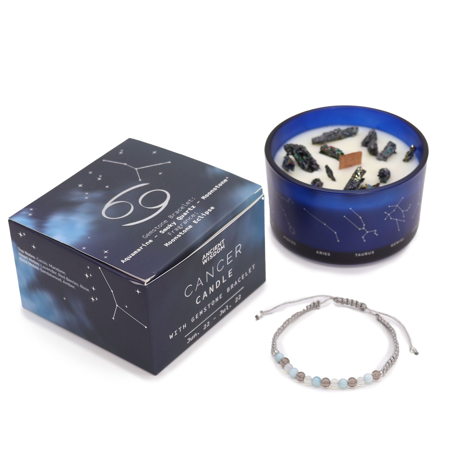 Zodiac Crystal Candle with Gemstone Bracelet - Cancer  Zodiac Crystal Candle with Gemstone Bracelet - Cancer