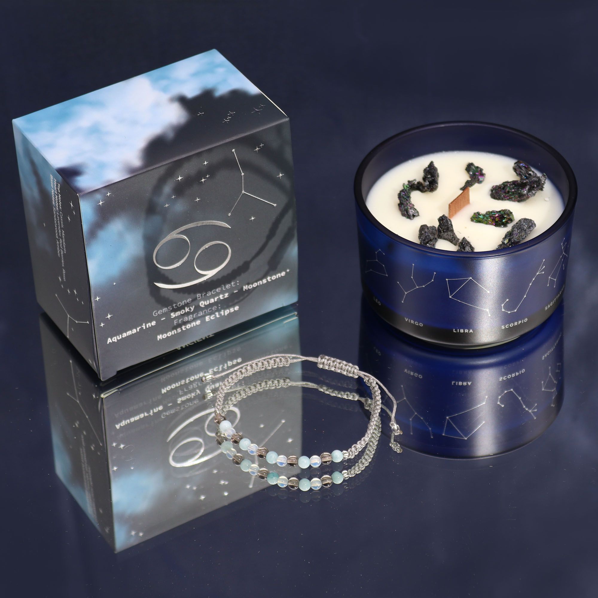 Zodiac Crystal Candle with Gemstone Bracelet - Cancer  Zodiac Crystal Candle with Gemstone Bracelet - Cancer