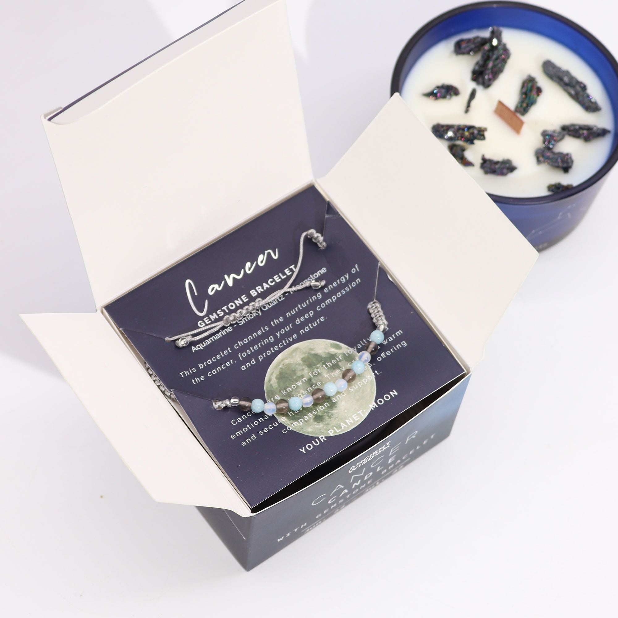 Zodiac Crystal Candle with Gemstone Bracelet - Cancer  Zodiac Crystal Candle with Gemstone Bracelet - Cancer