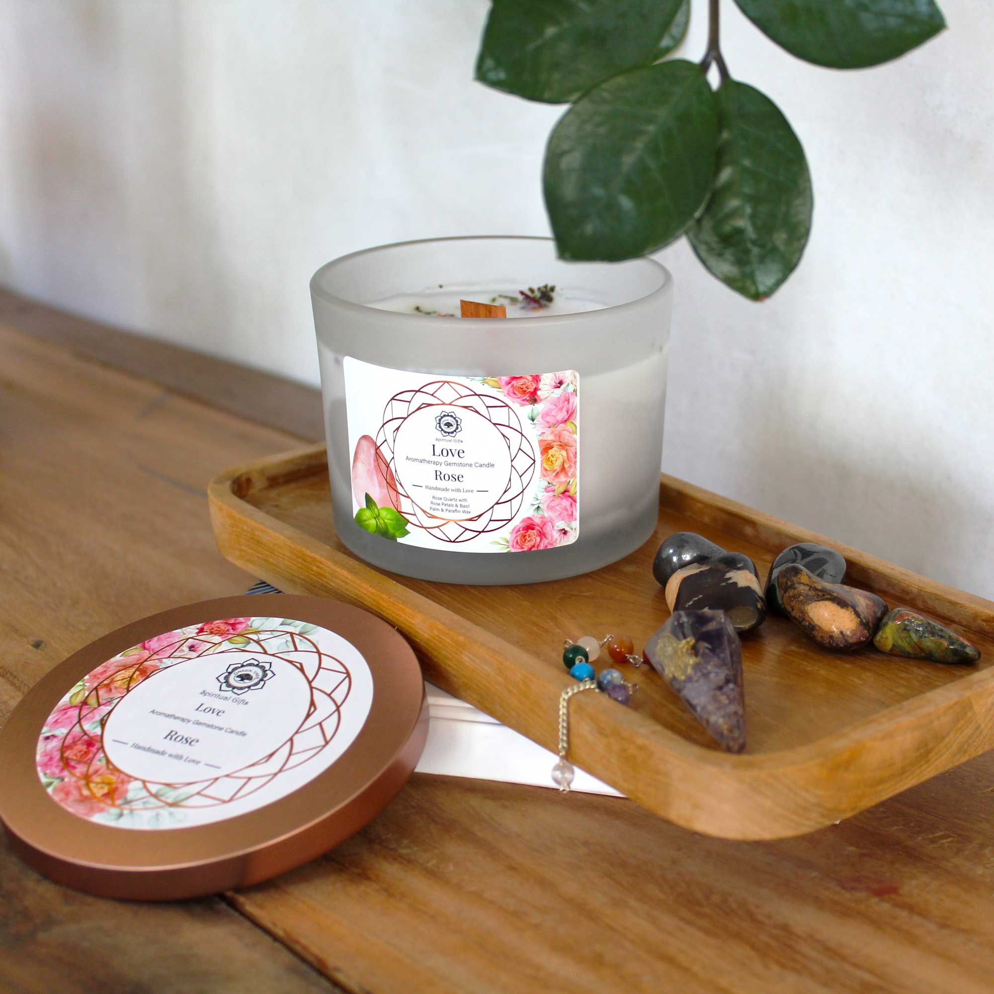 Rose and Rose Quartz Gemstone Candle - Love  Rose and Rose Quartz Gemstone Candle - Love