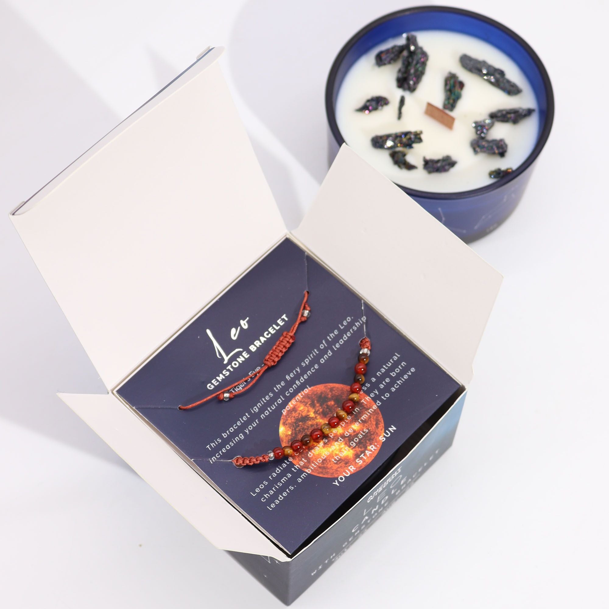 Zodiac Crystal Candle with Gemstone Bracelet - Leo  Zodiac Crystal Candle with Gemstone Bracelet - Leo