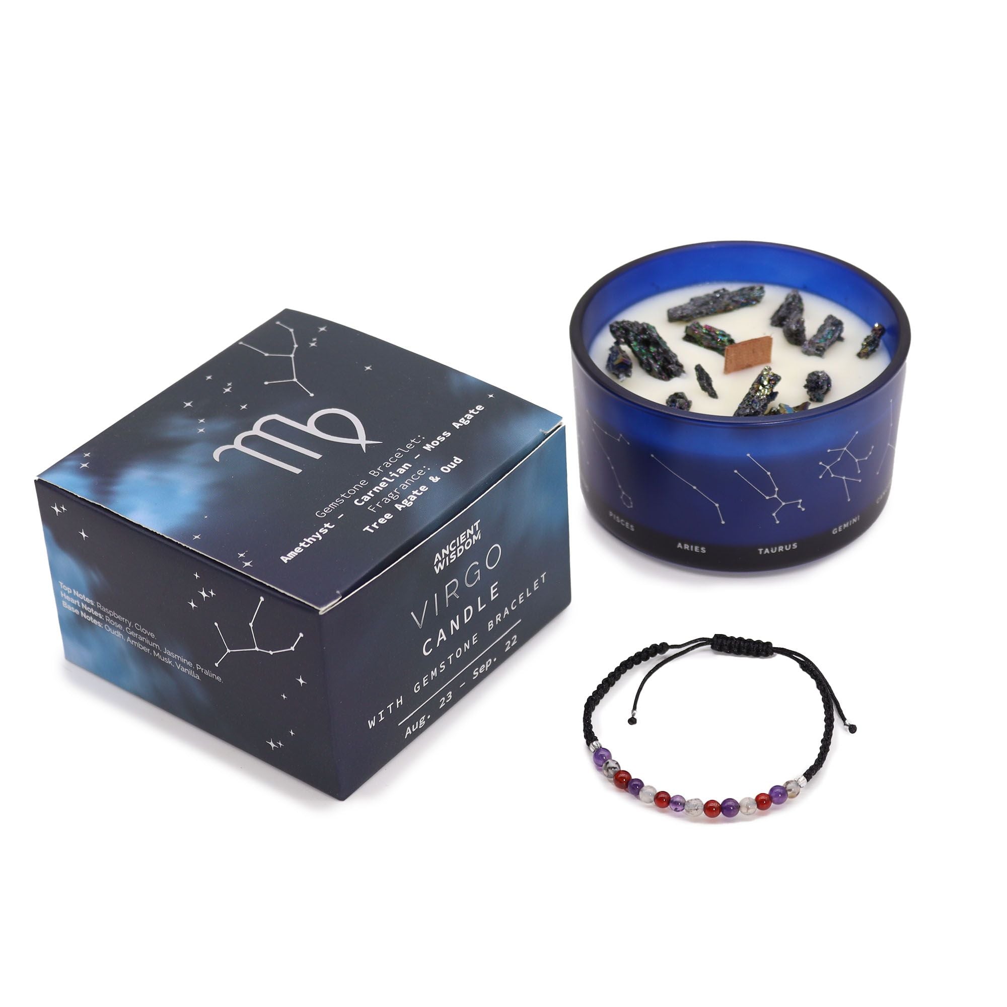 Zodiac Crystal Candle with Gemstone Bracelet - Virgo  Zodiac Crystal Candle with Gemstone Bracelet - Virgo